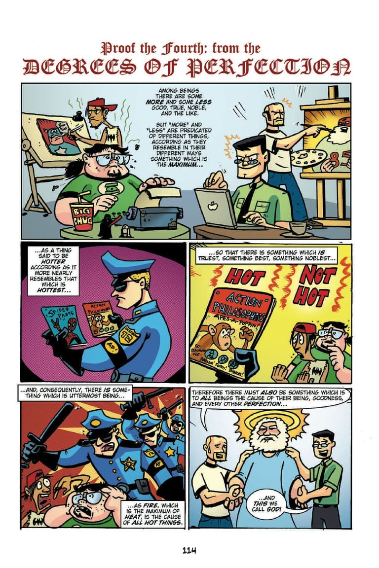 A comic page from Action Philosophers illustrating St Thomas Aquinas' degrees of perfection.