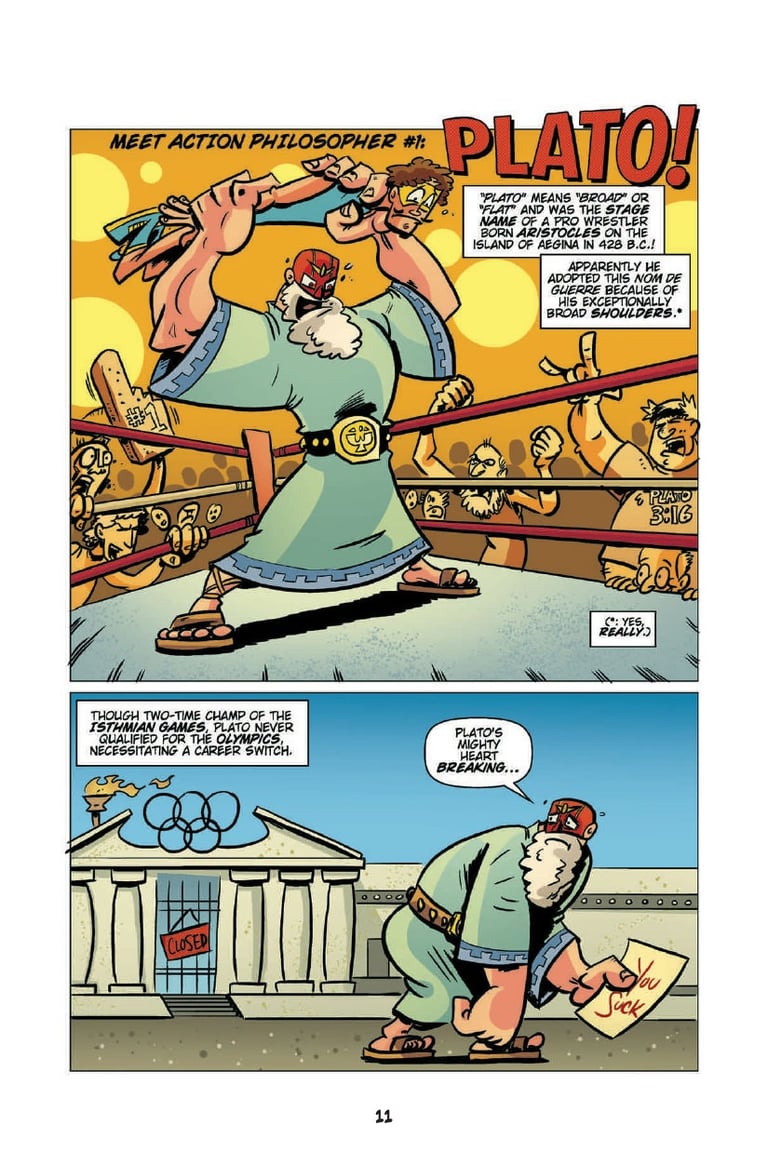 A comic page from Action Philosophers illustrating Plato's early career as a professional wrestler.