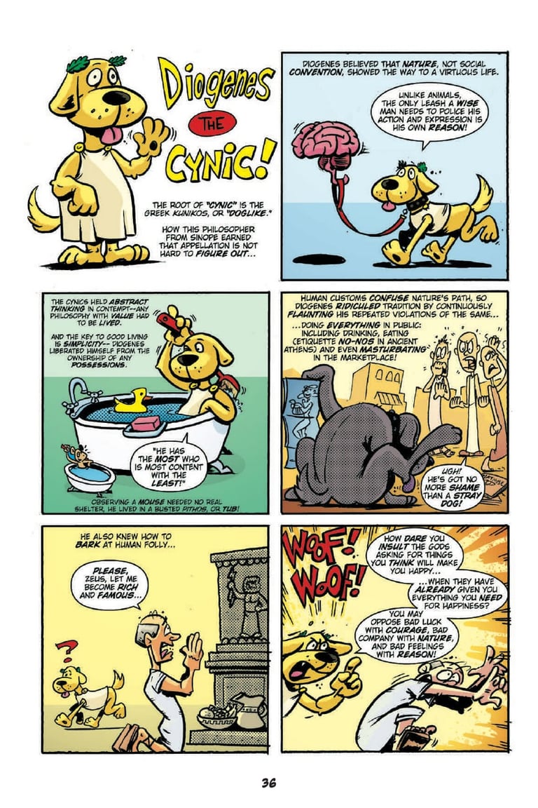 A comic page from Action Philosophers illustrating Diogenes' philosophy. Diogenes is depicted as a cartoon dog.