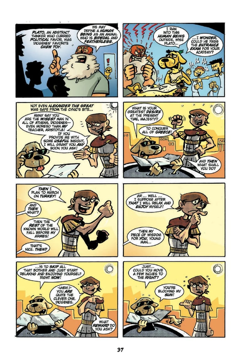 A comic page from Action Philosophers illustrating Diogenes' philosophy. Diogenes is depicted as a cartoon dog.