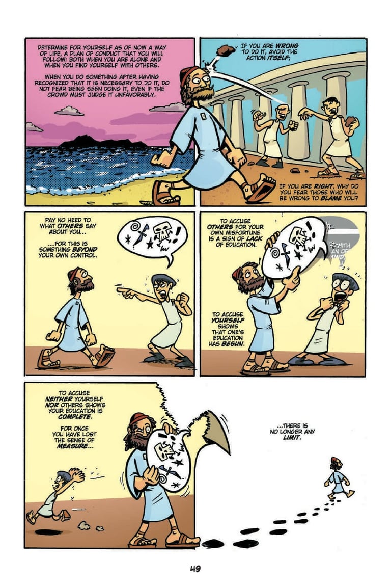 A comic page from Action Philosophers illustrating Epictetus the Stoic's philosophy free from the limits of the comic itself