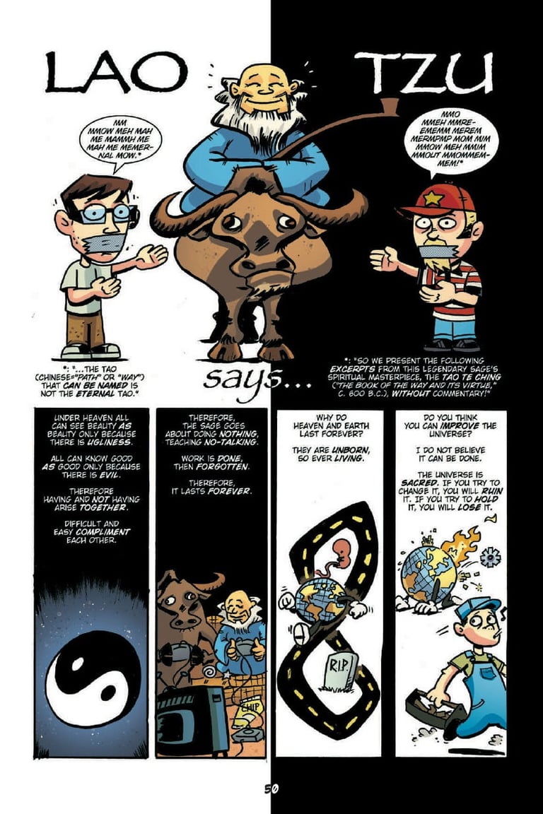 A comic page from Action Philosophers illustrating Lao Tzu's teachings.