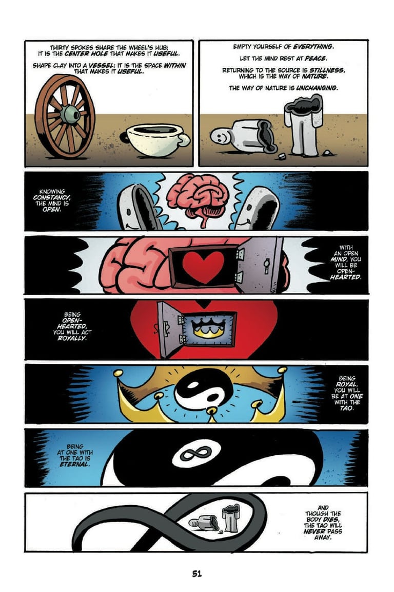 A comic page from Action Philosophers illustrating Lao Tzu's teachings.