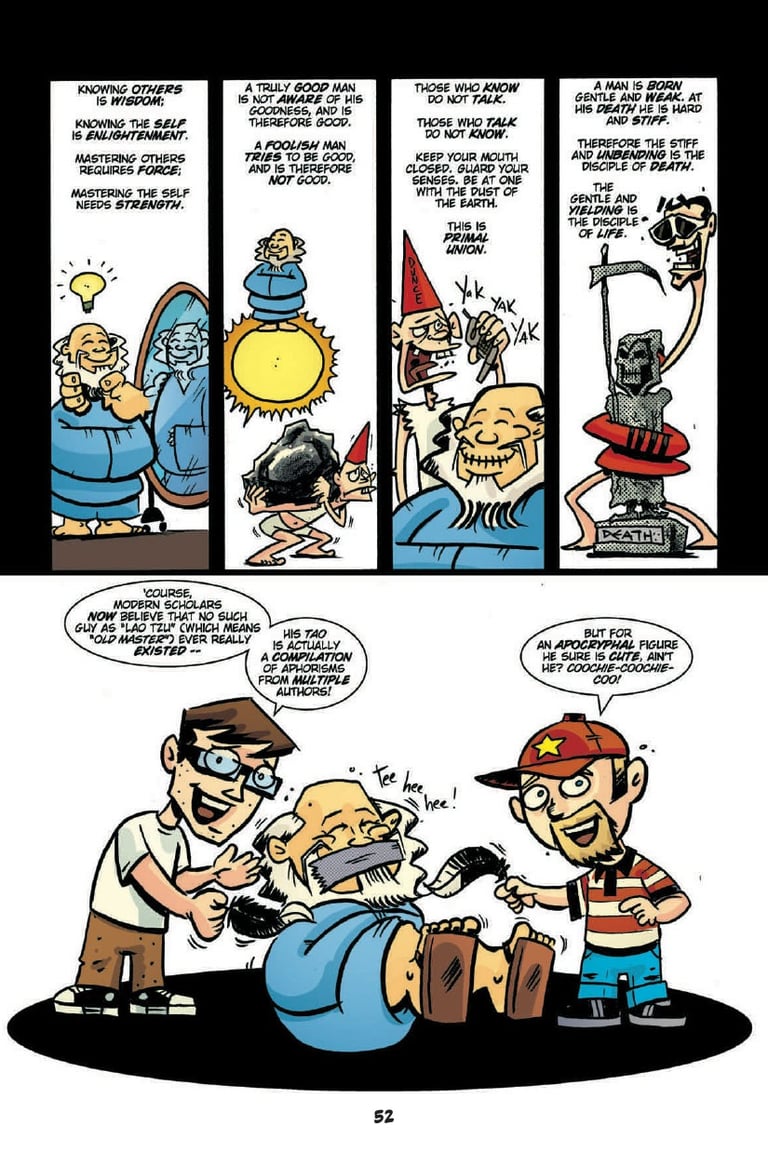 A comic page from Action Philosophers illustrating Lao Tzu's teachings.