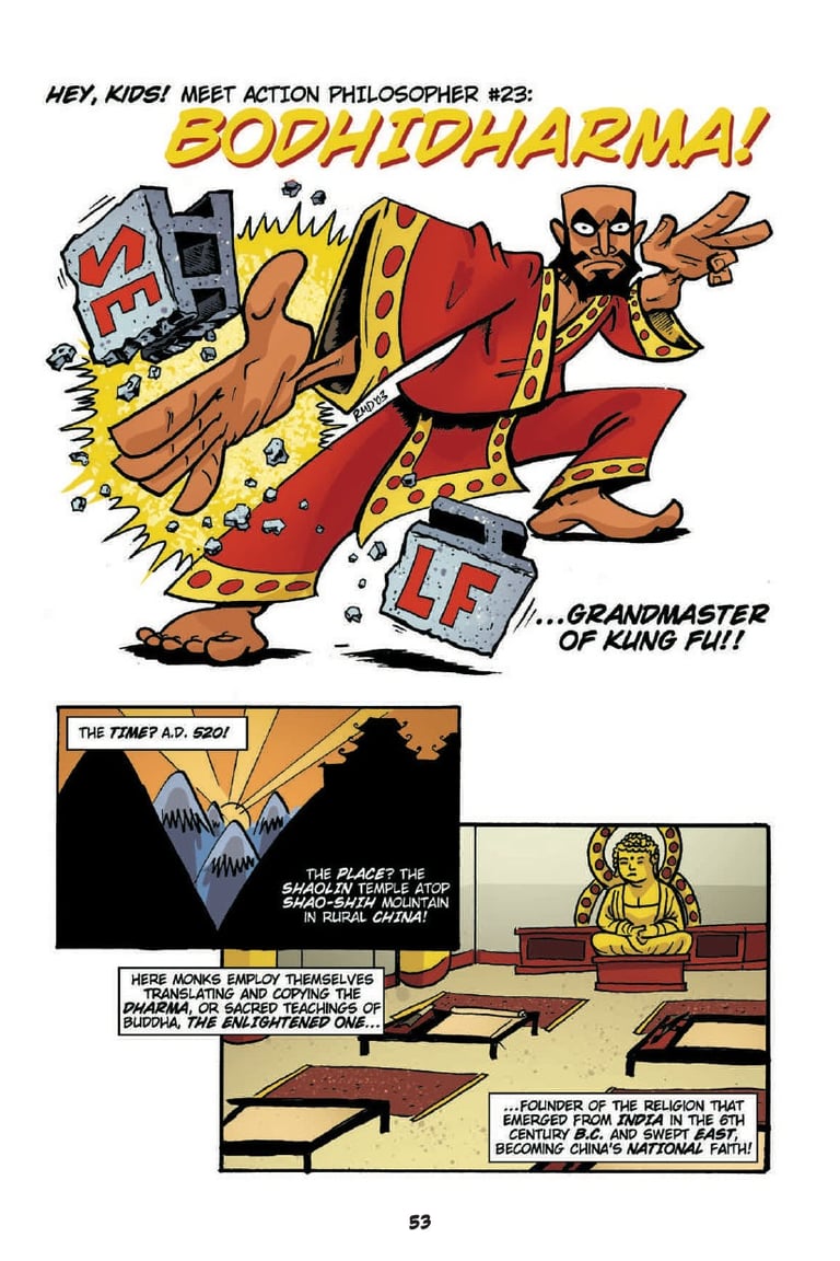 A comic page from Action Philosophers illustrating Bodhidharma