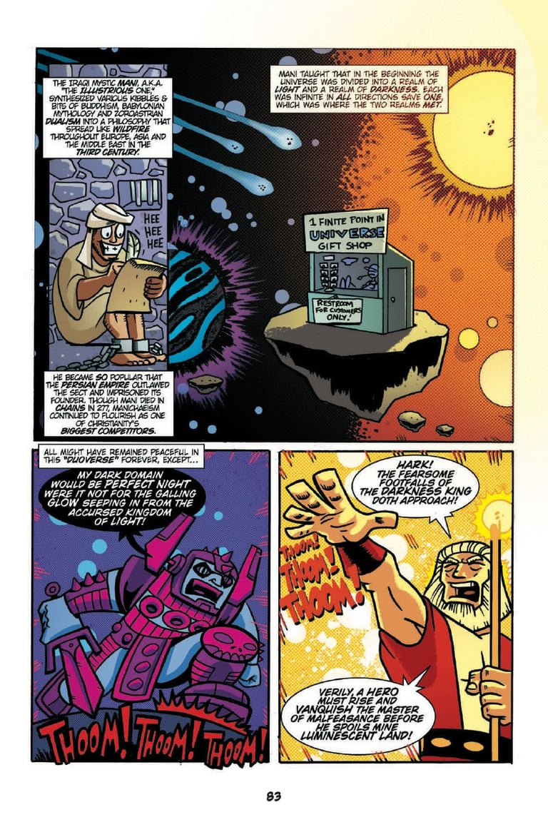 A comic page from Action Philosophers illustrating ancient Iraqui mystic Mani's Mythology