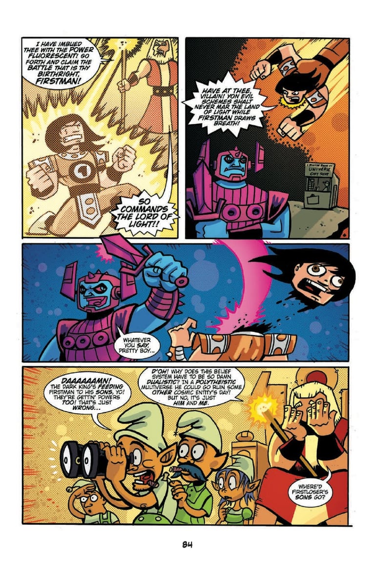 A comic page from Action Philosophers illustrating ancient Iraqui mystic Mani's Mythology