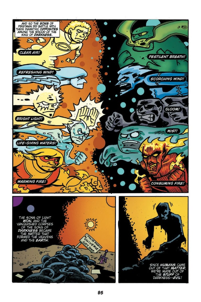 A comic page from Action Philosophers illustrating ancient Iraqui mystic Mani's Mythology