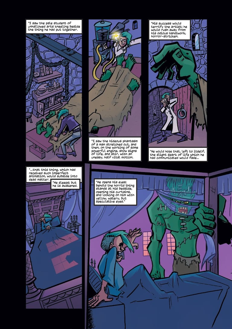 A comic page from Action Philosophers illustrating an excerpt of Mary Shelley's Frankenstein