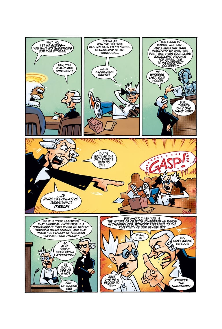 A comic page from Action Philosophers of Kant defending the existence of God.