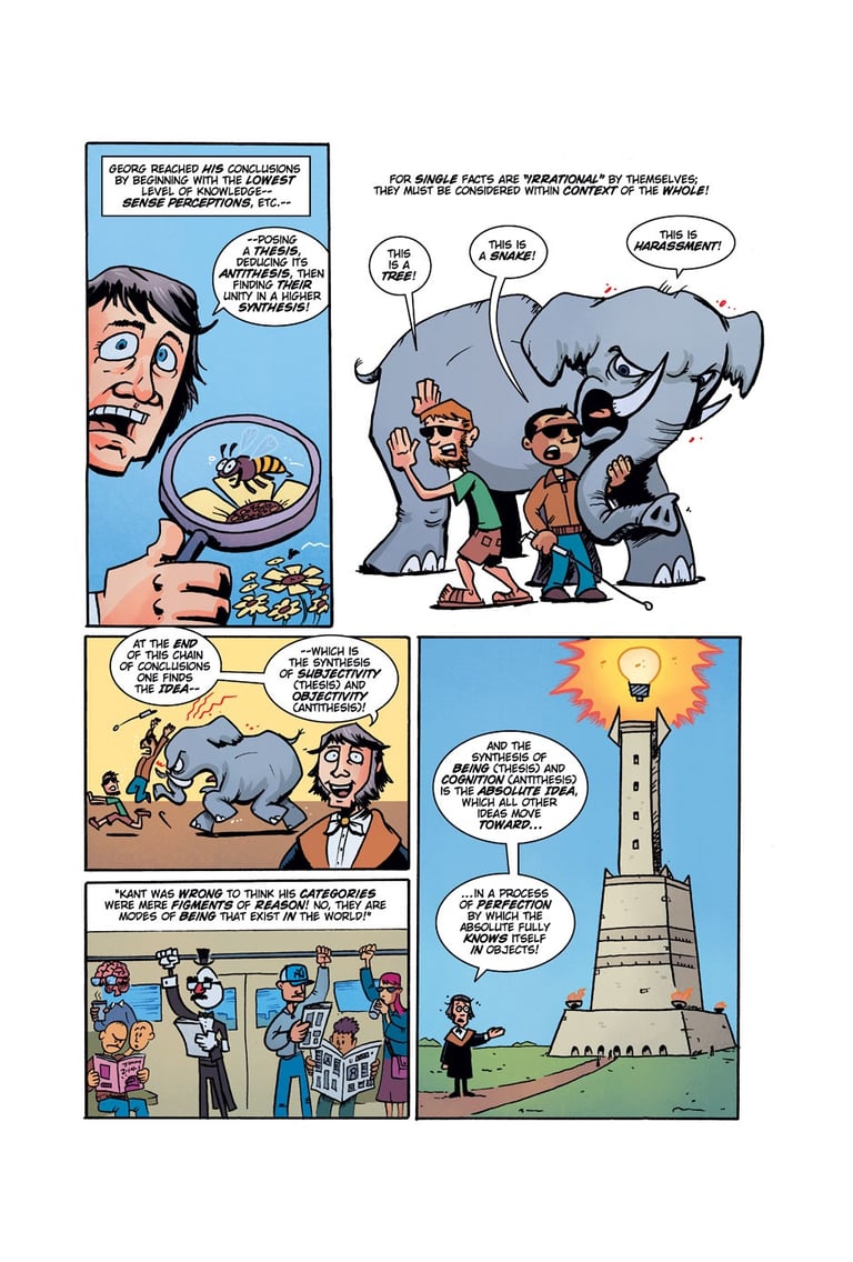 A comic page from Action Philosophers illustrating Georg Hegel's philosophy