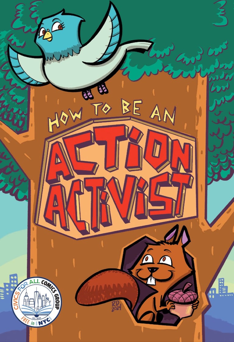 the cover of How To Be An Action Activist #1 a cartoon swuirrel and pigeon in a tree in an urban setting