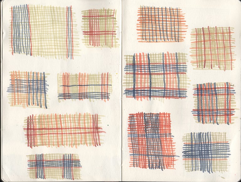 Scan d'un carnet de croquis avec dessins de motifs  rayés et carreaux.