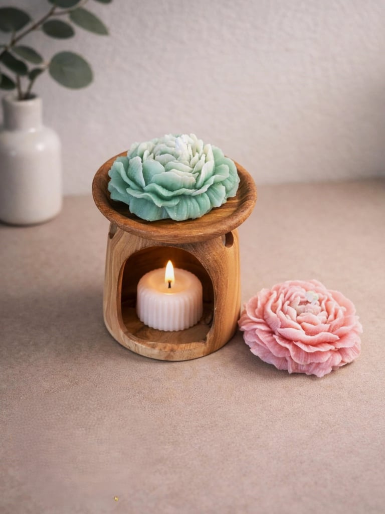 Floral peony shaped candles on a wooden wax melt burner for aromatherapy home decor.