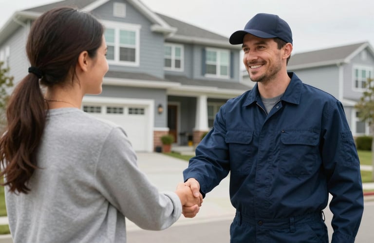 A friendly HVAC technician in a dark blue uniform shaking hands with a homeowner in front of a modern house in a US neighborhood.