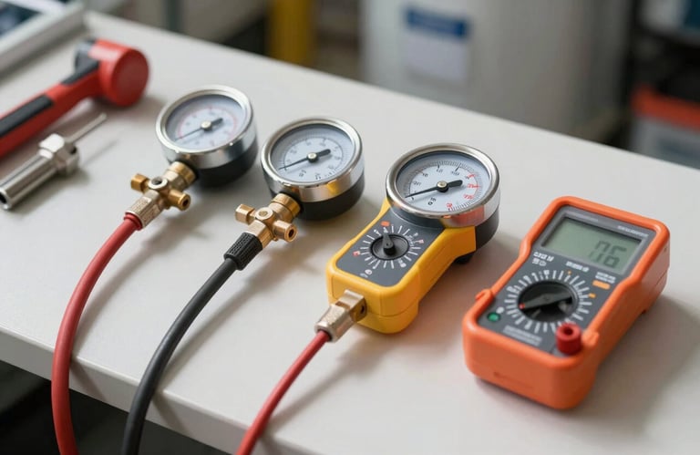 A professional HVAC tool kit including pressure gauges and multimeters arranged neatly on a clean work surface, illuminated by bright daylight.