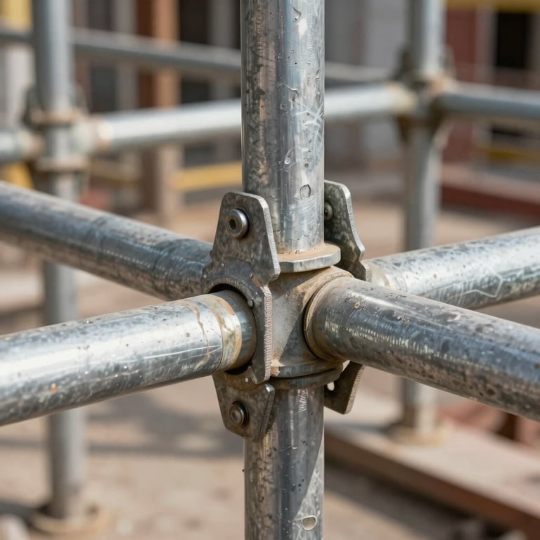A close-up shot of heavy-duty scaffolding clamps and silver metal pipes securely fastened on an Indian construction site.
