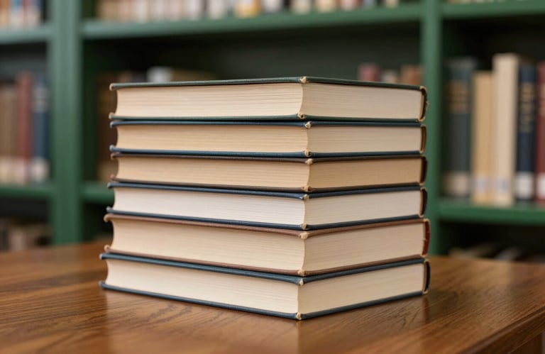 A stack of educational books in warm stone colors resting on a polished wooden surface in a library with deep green shelves.