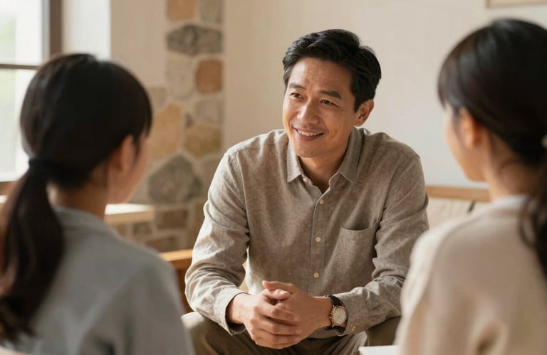 A professional mentor in modest attire interacting kindly with a student in a sunlit room with warm stone accents.