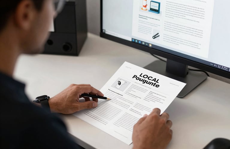 A close-up of a professional designer working on a high-resolution layout for a local business flyer on a dual-monitor setup in a bright Canadian studio.