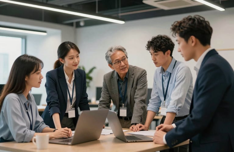 A group of professional tech consultants in business-casual attire collaborating in a modern North American / US office space.