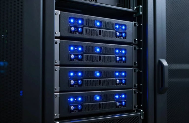A sleek server rack in a secure North American / US data center, with vibrant azure status lights glowing in the dark.