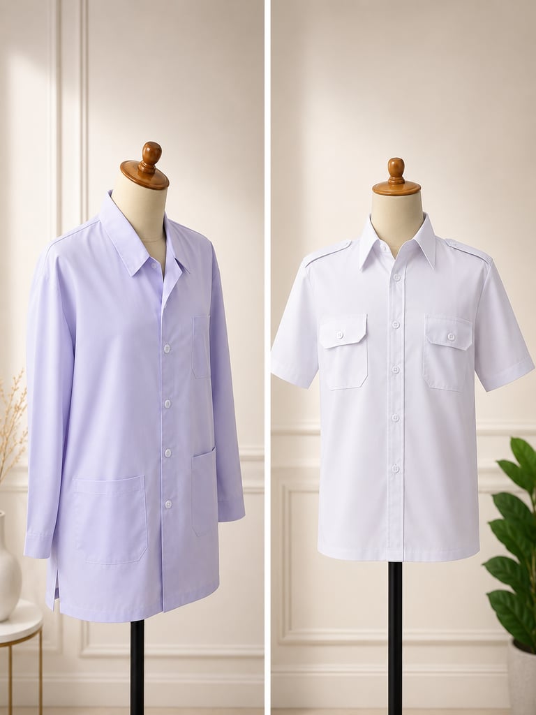 Professional medical uniforms including a lavender long-sleeve lab coat and a white short-sleeve scrub shirt on mannequins.