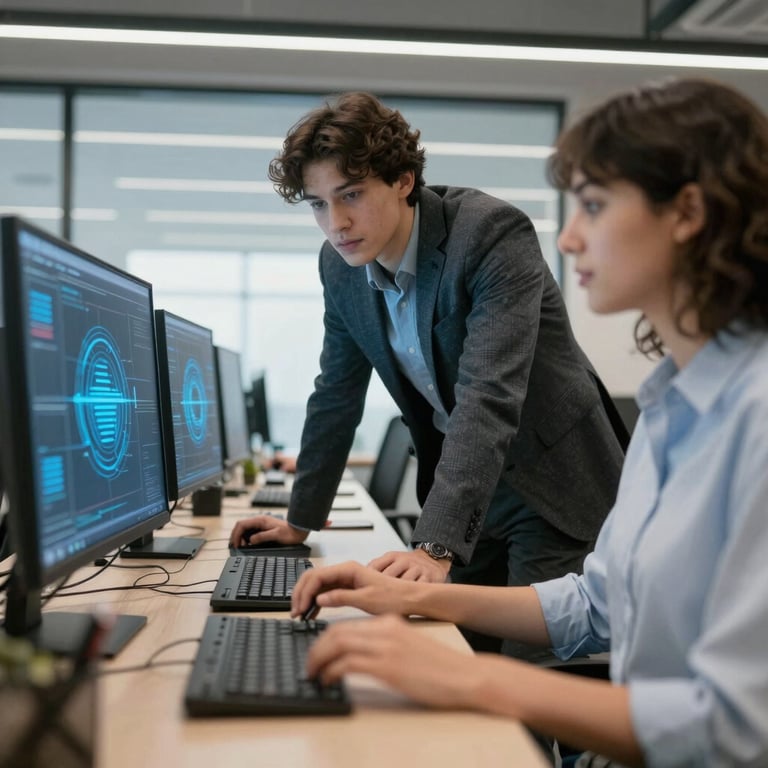 A sleek, modern laptop on a minimalist white desk showing a clean software code interface with syntax highlighting in teal #4CAF9D and dark blue #0F1D33. The background is a soft-focus office with professional lighting, projecting a high-end tech environment.