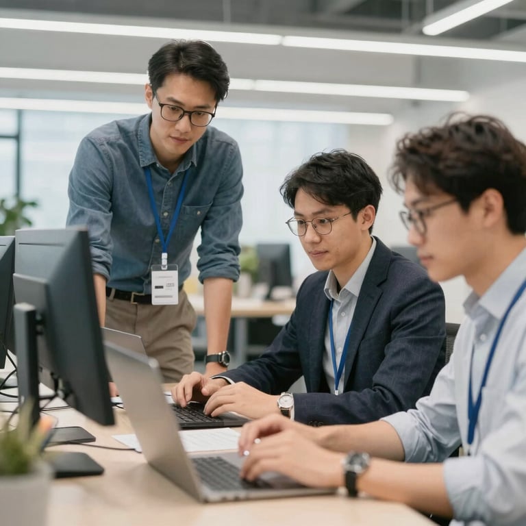 A sleek, modern laptop on a minimalist white desk showing a clean software code interface with syntax highlighting in teal #4CAF9D and dark blue #0F1D33. The background is a soft-focus office with professional lighting, projecting a high-end tech environment.