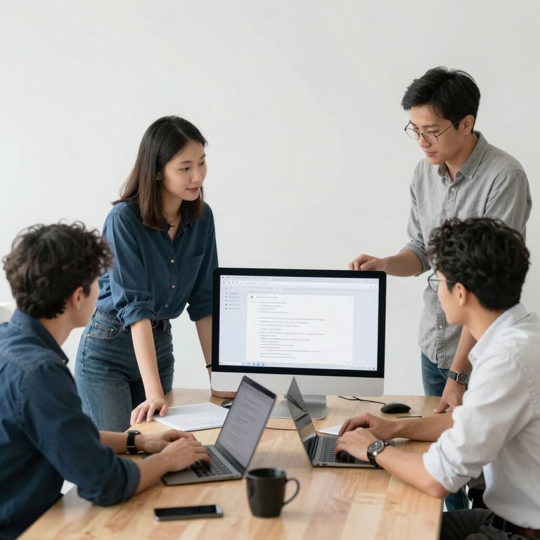 A sleek, modern laptop on a minimalist white desk showing a clean software code interface with syntax highlighting in teal #4CAF9D and dark blue #0F1D33. The background is a soft-focus office with professional lighting, projecting a high-end tech environment.