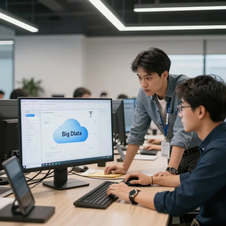 A sleek, modern laptop on a minimalist white desk showing a clean software code interface with syntax highlighting in teal #4CAF9D and dark blue #0F1D33. The background is a soft-focus office with professional lighting, projecting a high-end tech environment.