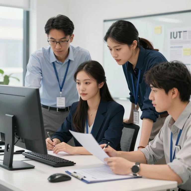 A sleek, modern laptop on a minimalist white desk showing a clean software code interface with syntax highlighting in teal #4CAF9D and dark blue #0F1D33. The background is a soft-focus office with professional lighting, projecting a high-end tech environment.
