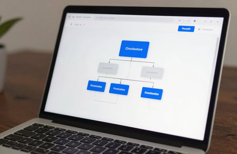 Close-up of a high-resolution laptop screen showing a clean software architecture diagram. Professional lighting, incorporating the brand colors #22577A and #F5F8FA.