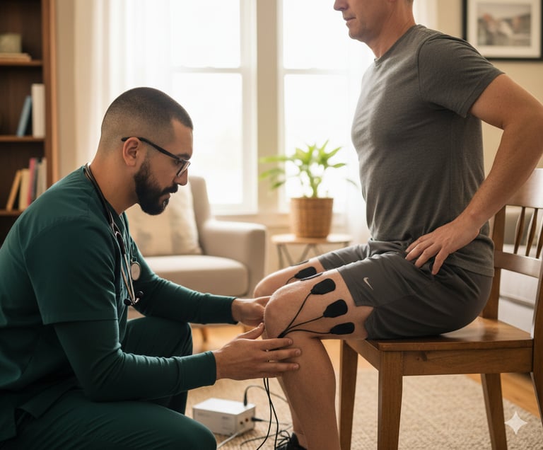 fisioterapia domiciliar em paciente com avc - fisioterapeuta utilizando um aparelho de FES