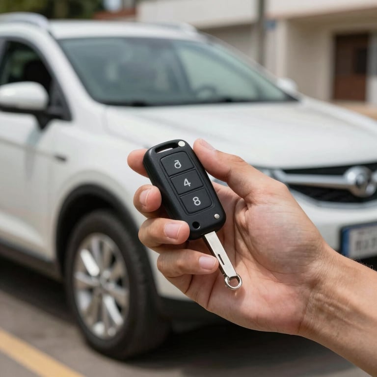 A locksmith professional holding a new car remote key. Close-up on the hand and the device, background shows a modern car. South American / Brazilian urban setting, bright daylight.