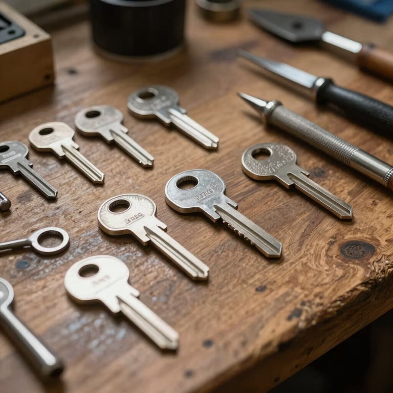 A collection of silver professional keys and precision locksmith tools organized on a wooden workbench. Focus on craft and detail, soft lighting, South American workshop vibe.
