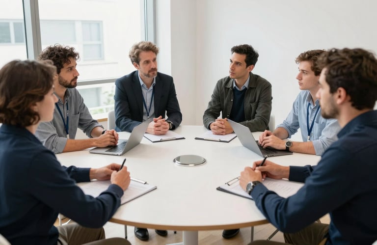 A group of professionals in a European Portuguese workspace engaged in a thematic debate around a white round table, with natural light and a clean, modern aesthetic.