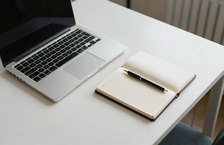 A top-down view of a minimalist desk with a silver laptop and notepad in a North American / US city apartment.