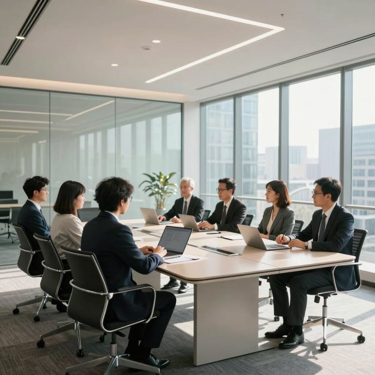 A collaborative scene of professionals in a sun-drenched, modern glass conference room in a North American business hub, clean minimalist design.