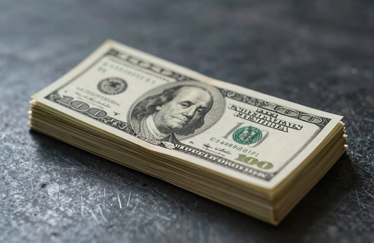 An icon-style photograph of a stack of dollar bills on a dark, polished metal surface, representing value and industrial trust. Lighting highlights edges with #7A9AB0.