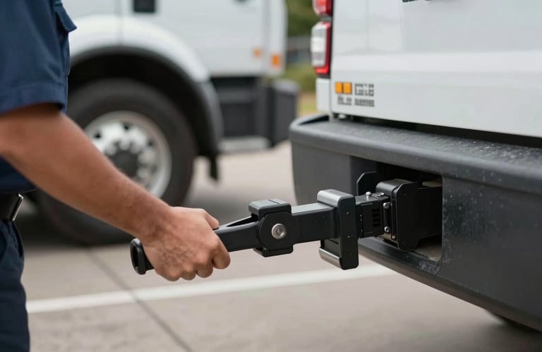A professional shot of a tow truck hitch being secured to a vehicle, emphasizing safety and professional service in Houston.