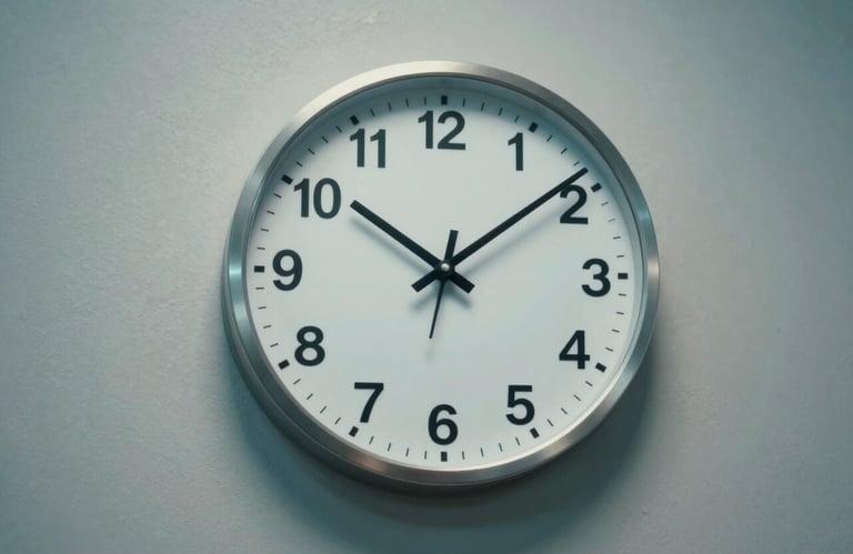 A professional shot of a silver world clock on a textured wall, representing different financial time zones. Lighting is soft and uses cool porcelain and soft misty blue hues.