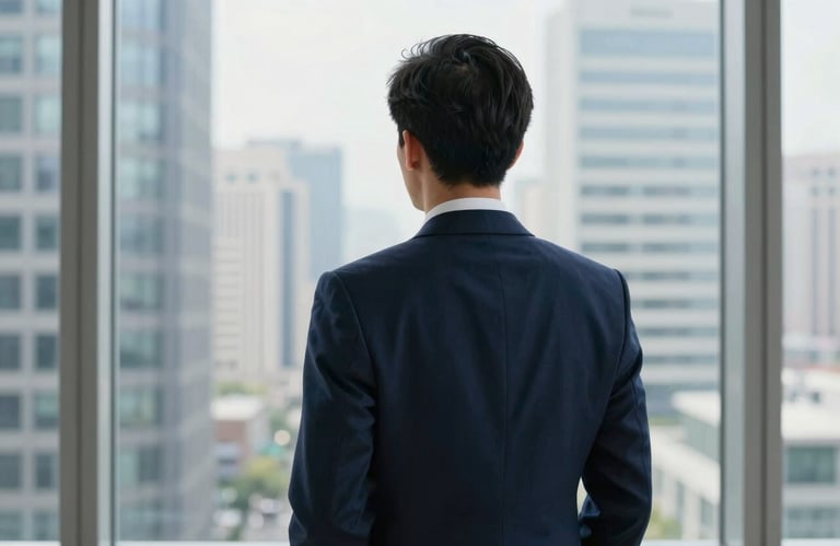 A professional man in a sharp suit, seen from behind, looking out at a large window overlooking a business district. The shot captures a sense of leadership and vision. Colors include deep midnight blue.