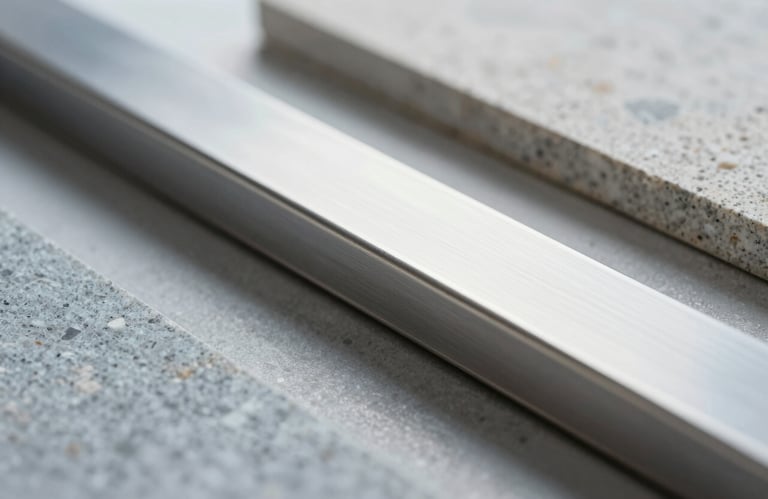 Close-up of premium building materials, focusing on high-quality stone and polished steel used in construction, professional and sharp focus, #2D323A and #A8B6C7 colors.