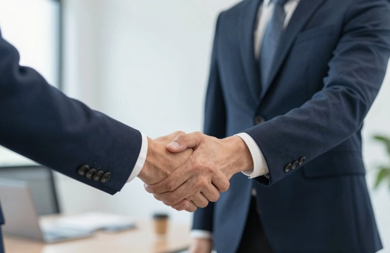 A professional handshake between a realtor and a client in a bright, modern office setting, representing trust and success, soft lighting.