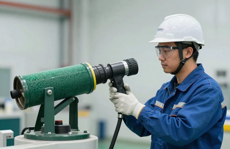A technician in safety gear inspecting a large foam cannon nozzle, professional expertise context, industrial lighting, clean composition with brand colors #28425F and #8D9FB0.