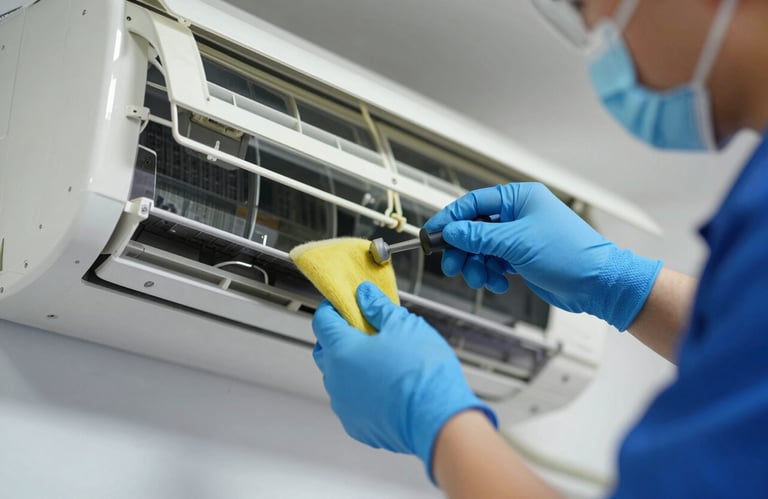 A professional technician wearing #1A2C3D colored gloves performing a delicate internal cleaning of an AC unit. Focus is on detail and care. High-quality professional lighting.