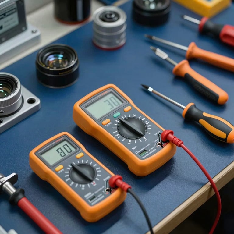 An organized display of professional technician tools, including a digital multimeter and screwdrivers, on a clean Navy Blue surface, Middle Eastern / Gulf workshop setting.