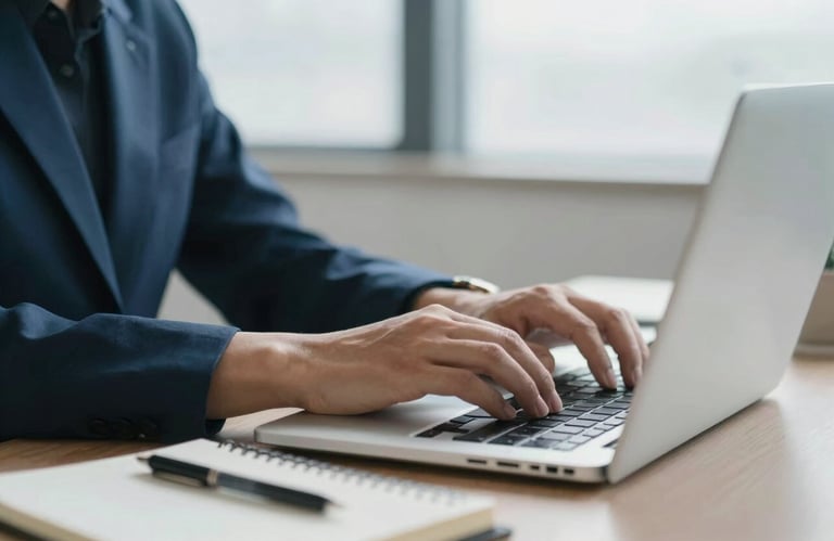 A close-up of a professional advisor's hands typing on a laptop next to a notebook in a modern North American / US workspace. Soft misty white and deep navy blue color scheme.
