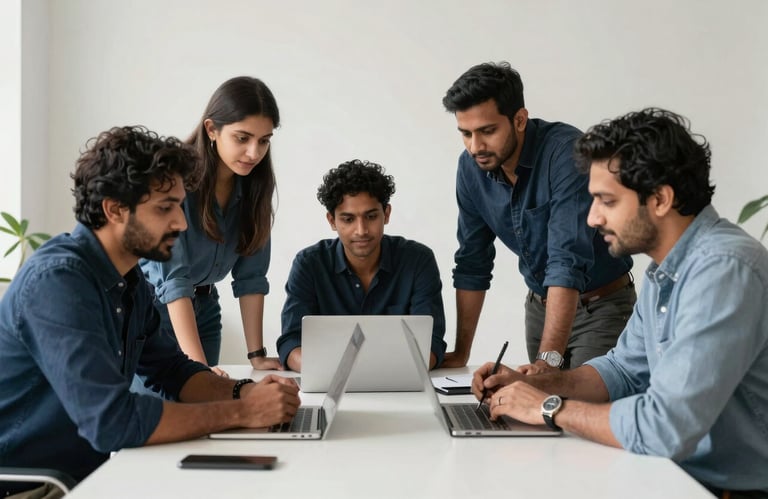 A collaborative scene of South Asian professionals in a modern creative studio working together on a website design project, featuring a palette of dark blue and off-white.